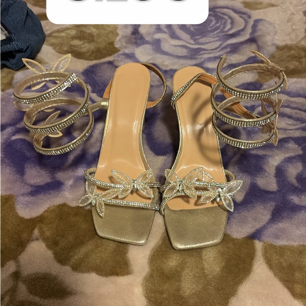 Gold Crystal Leaf Spiral Ankle Strap Heels - Women